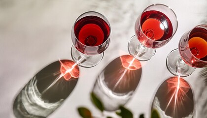 Wall Mural - refraction of light and shadow through glasses of red wine light passing through crystal glass caustic effect minimal autumn concept with wine on a light background