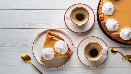 Wall Mural - two pieces of homemade pie decorated with meringue and a two cups of coffee espresso on a white wooden table top view