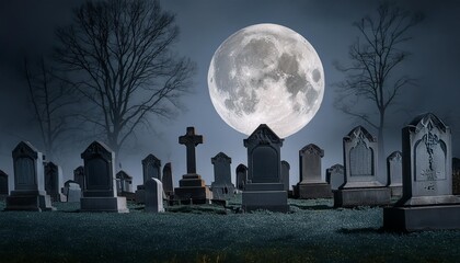 Wall Mural - eerie graveyard under full moon invoking a sense of gothic mystery