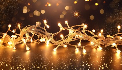 Wall Mural - christmas warm gold garland lights over dark background with glitter overlay