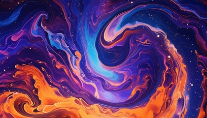 Wall Mural - vibrant abstract fluid art featuring a swirling galaxy pattern with a blend of purple blue and orange hues ideal for backgrounds design projects and modern art prints
