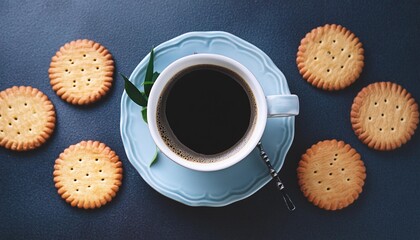 Wall Mural - overhead view of a cup of black coffee with a plate of biscuits