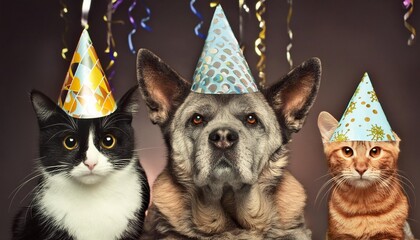 Poster - faschingsmuffel hund und katze mit partyhutchen und schlechter laune