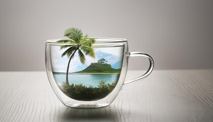 Wall Mural - a clear glass teacup with a tropical island inside filled with water and a palm tree