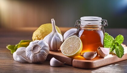 Wall Mural - herbal syrup with honey garlic and lemon alternative medicine