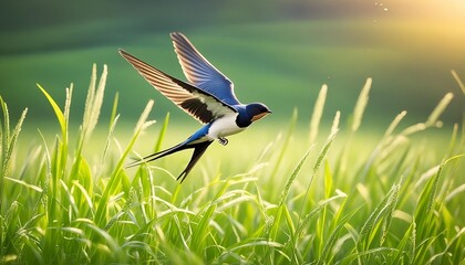 graceful flight a swallow soaring above green grass