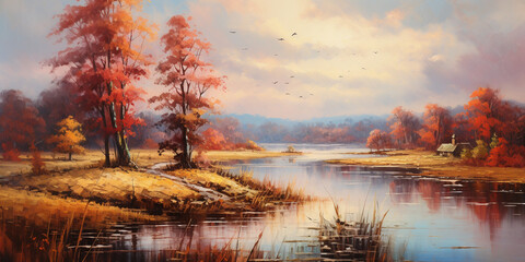 Canvas Print - autumn landscape with lake and trees