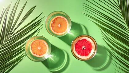 Sticker - summer flat lay with two glasses of refreshment drinks and grapefruit slices on green background with palm leaf shadow sun and sunlight vacation holiday mocktail creative minimal concept