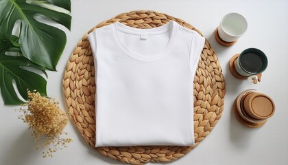 Wall Mural - white folded t shirt mockup on wicker table mat front of blank shirt space for design presentation