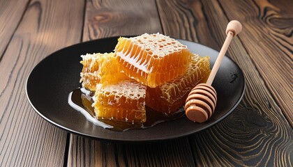 Wall Mural - crystallized honey in a black plate with dipper on a dark wooden background