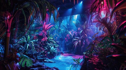 Wall Mural - Cybernetic Jungle Stage: Futuristic jungle with this high-tech stage, featuring neon foliage, holographic animals, and augmented reality projections, blending the natural world with advanced technolog