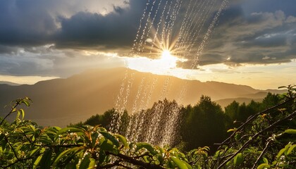 sun shower where sunlight breaks through rain clouds illuminating droplets suspended in mid air like diamonds