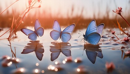 3 blue butterflies on clear water dreamy pastel aesthetic the ripples in the shallow sea surface reflect sunlight and light light pink and blue summer aesthetic