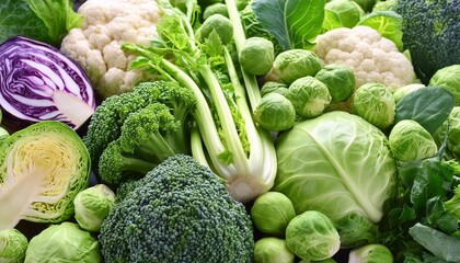 superfood broccoli sprouts and cabbage rich background of healthy fresh cruciferous vegetables with broccoli cabbage cauliflower brussels sprouts kale and kohlrabi close up full frame