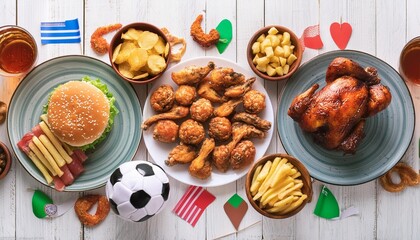 junk food table scene pizza hamburgers chicken wings and salty snacks top view over a white wood banner background
