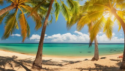 Wall Mural - summer beach background palm trees against blue sky banner panorama tropical caribbean travel destination