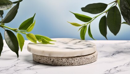 Wall Mural - round marble podium with green leaves on blue background for eco product presentation mockup