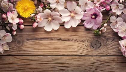 Wall Mural - rustic wooden background with spring flower border