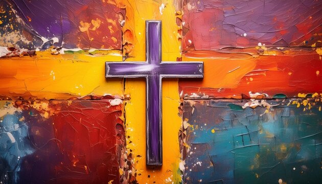 scratched brush stroke cross on distressed background in bright orange red yellow purple
