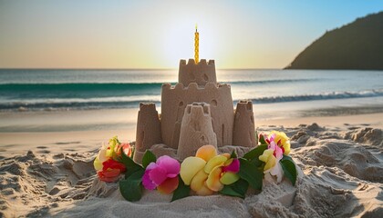 Wall Mural - a sandcastle birthday cake with candle and lei on a tropical vacation beach paradise