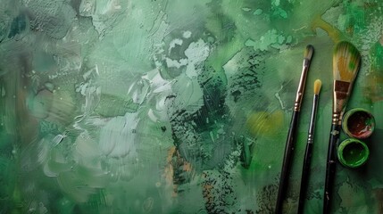 Wall Mural - Close up view of watercolor painting tools on green backdrop