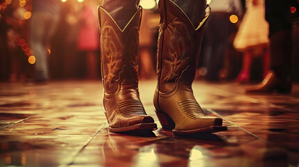 Wall Mural - Honky-tonk is the clatter of cowboy boots on a dance floor: Picture a close-up of cowboy boots tapping and clattering on a honky-tonk dance floor, symbolizing the lively atmosphere of a country wester