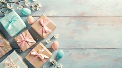Wall Mural - Easter themed Gift Boxes and Eggs on Light Rustic Background