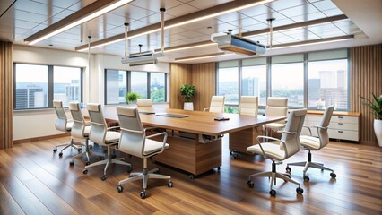 Wall Mural - Modern Conference Room Interior With Large Windows, Wooden Table, And Comfortable Chairs.