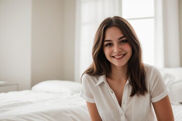 Wall Mural - Portrait of a young woman in a loose white shirt sitting on the bed, smiling and looking at the camera. relaxing, smooth, and soft atmosphere.