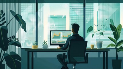 Wall Mural - A manager at a desktop analyzing e-commerce patterns using big data, with a serene tea setting in a high-rise