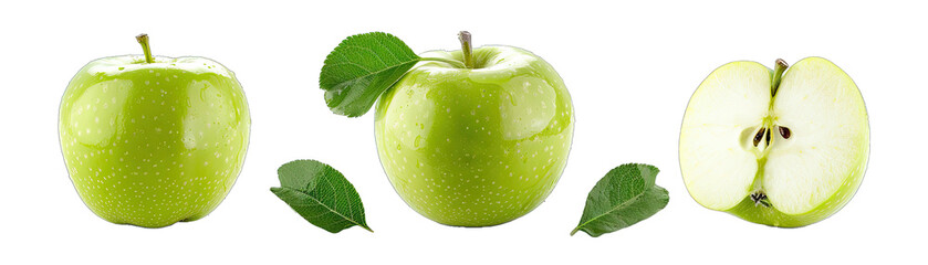 Wall Mural - Fresh Green Apples, Whole, Sliced, and Core Isolated. Isolated on a Transparent Background. Cutout PNG.