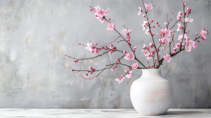 Wall Mural - Decorative arrangement of pink cherry branches in a white vase