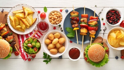 summer bbq food table scene hamburgers meat skewers potatoes fruit and snacks overhead view on a white wood background