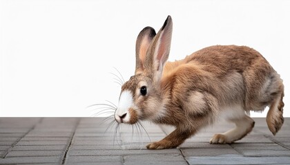Wall Mural - studio portrait of cute rabbit isolated on transparent png background happy bunny running on floor adorable fluffy rabbit that sniffing