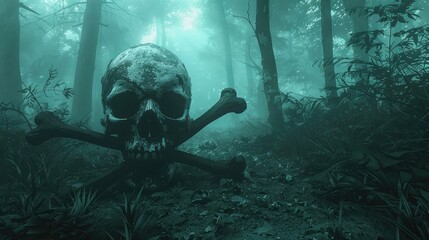 Wall Mural - A skull and crossed bones in a misty forest at twilight perfect for a spooky Halloween themed background