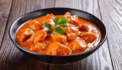 indian butter chicken in black bowl on wooden table