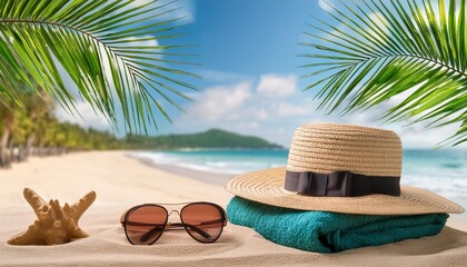 Wall Mural - tropical beach with sunbathing accessories summer holiday background