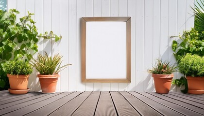 Wall Mural - white patio with plants and frame mockup a serene white patio with a wooden deck potted plants and a blank frame mockup on the wall perfect for showcasing artwork or photography
