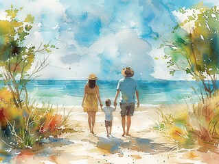 Wall Mural - Family at the beach, travel concept, watercolor illustration, vibrant colors, isolated on white background Minimalism,