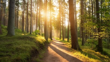 Wall Mural - path through the forest lit by golden sun rays