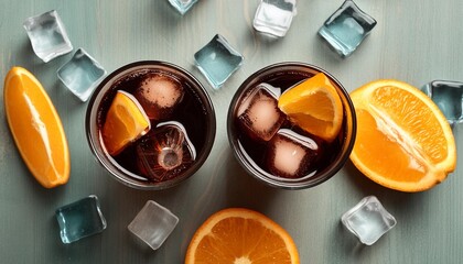 Wall Mural - overhead view of two cola drinks with ice cubes and slices of orange