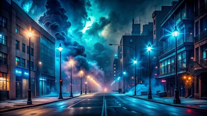 Ominous urban nightscape featuring a deserted dark blue asphalt street with neon lights casting an eerie glow amidst swirling smoke and dramatic spotlights.