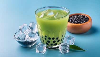 Wall Mural - green matcha bubble tea with ice cubes in cup on blue background antioxidant and dietary vegan cocktail for healthy breakfast or snack