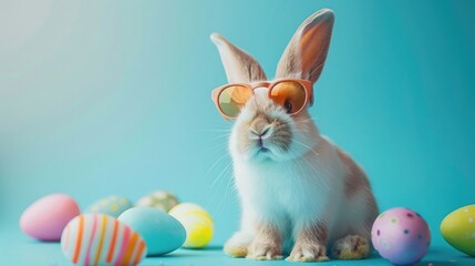 Wall Mural - Easter bunny wearing sunglasses and Easter eggs on blue background.