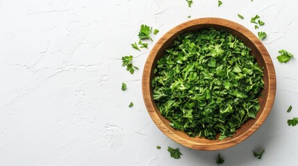 Sticker - Dried parsley in wood bowl on white background with copy space