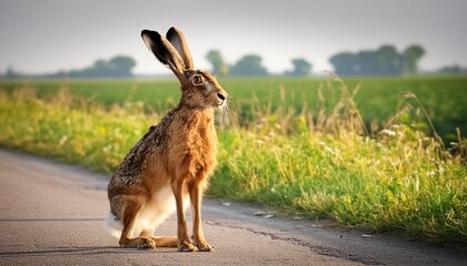Wall Mural - european hare lepus europaeus also known as the brown hare a hare stands on a country road near a field