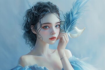 Elegant woman in blue dress holding feather mask, evoking a sense of mystery and enchantment in a dreamy setting.