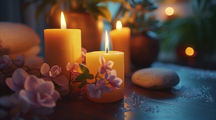 Candles and various spa products taken close-up, Flower pots and spa stones, cozy and emotional atmosphere, key lighting
