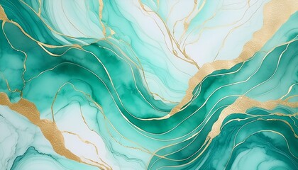 Wall Mural - abstract watercolor paint background illustration soft pastel green aquamarine color and golden lines marbled generative ai