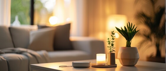 Poster - Cozy Modern Living Room with Soft Lighting and Minimalist Decor Featuring Plants and Candles